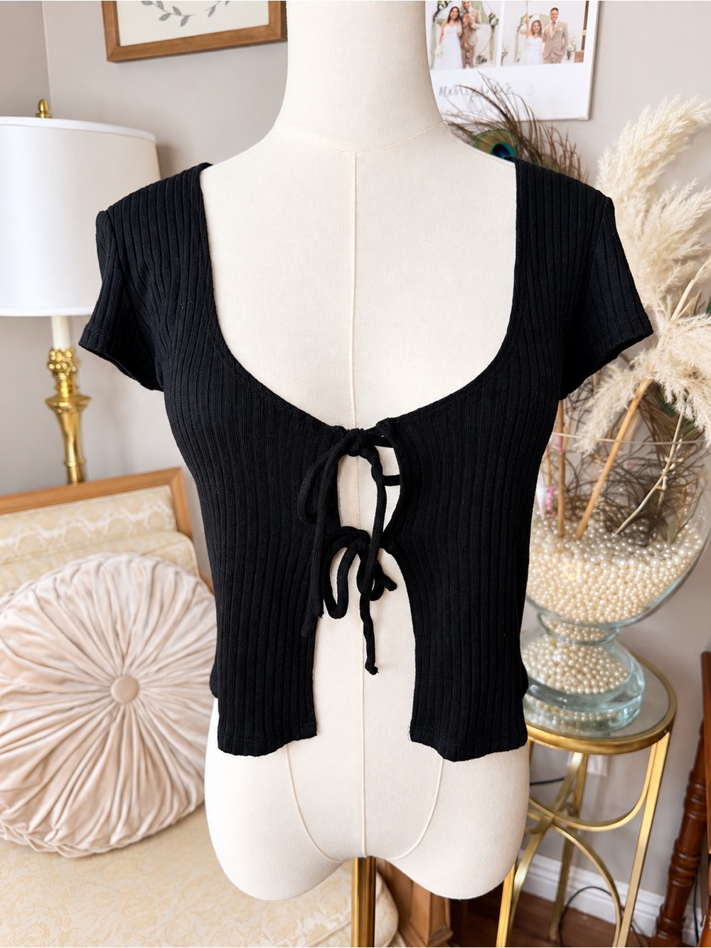 Reformation Black Ribbed Tie Front Crop Top Size M TENCEL Modal Made in USA